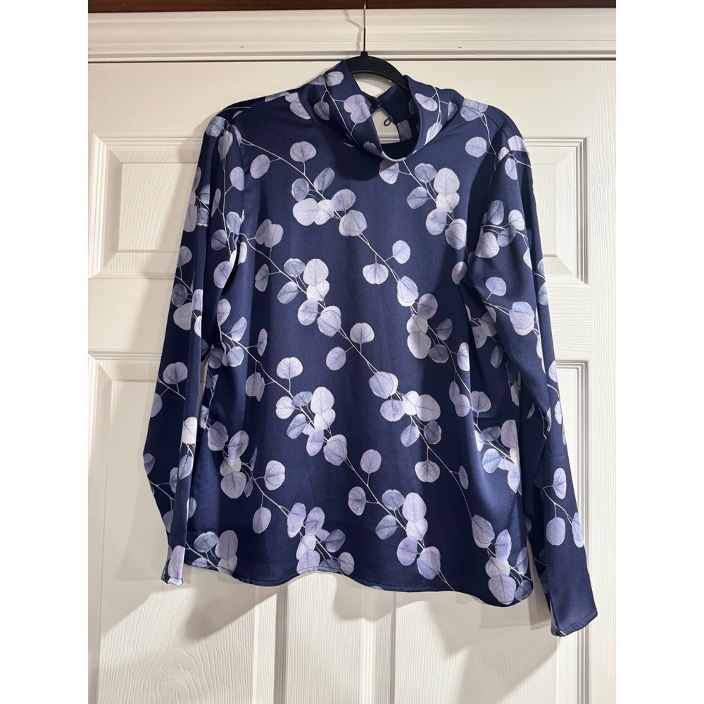 Banana Republic Womens Blue Eucalyptus Leaf Print Mock Neck Blouse Top Medium M‎